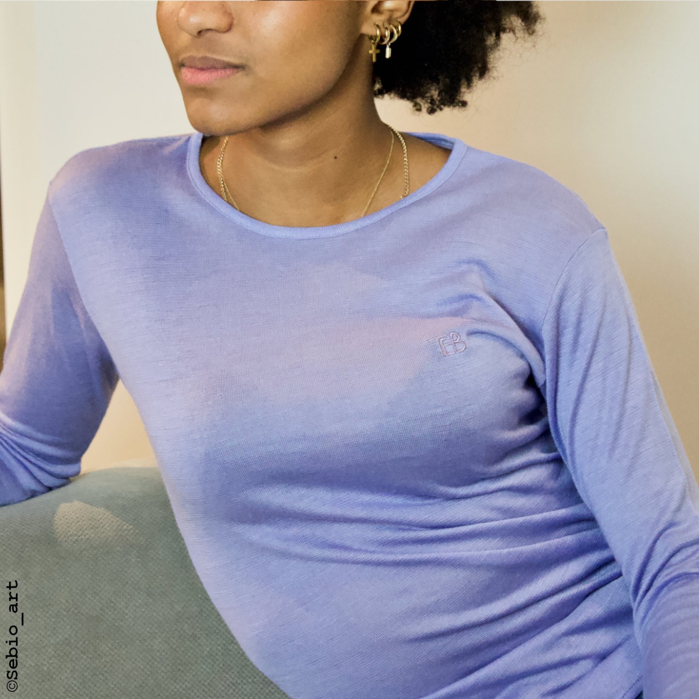 Nettle women's shirt. Lilac and coral colours. Three-quarter sleeve. Eco-friendly and organic